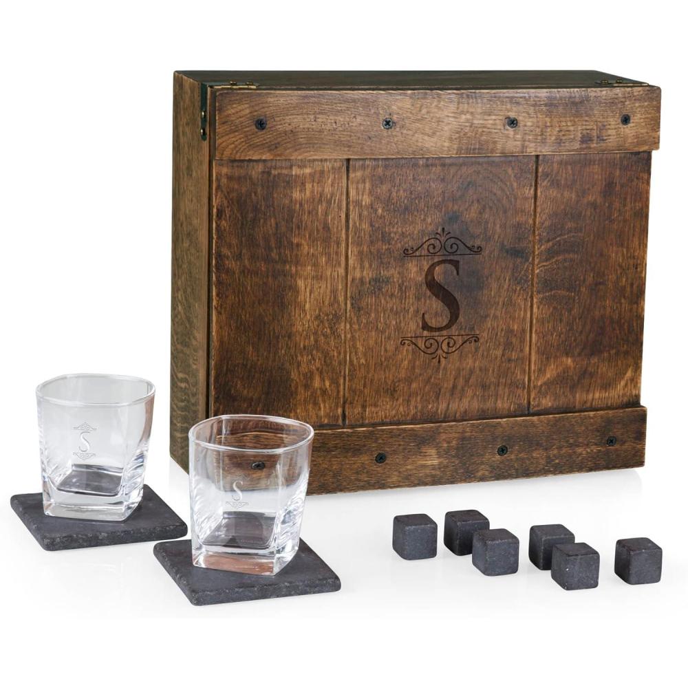 imageLEGACY a Picnic Time brand Monogram Initials Whiskey Box Gift Set Includes Whiskey Glasses Chillding Stones and Stone Coasters Oak WoodS