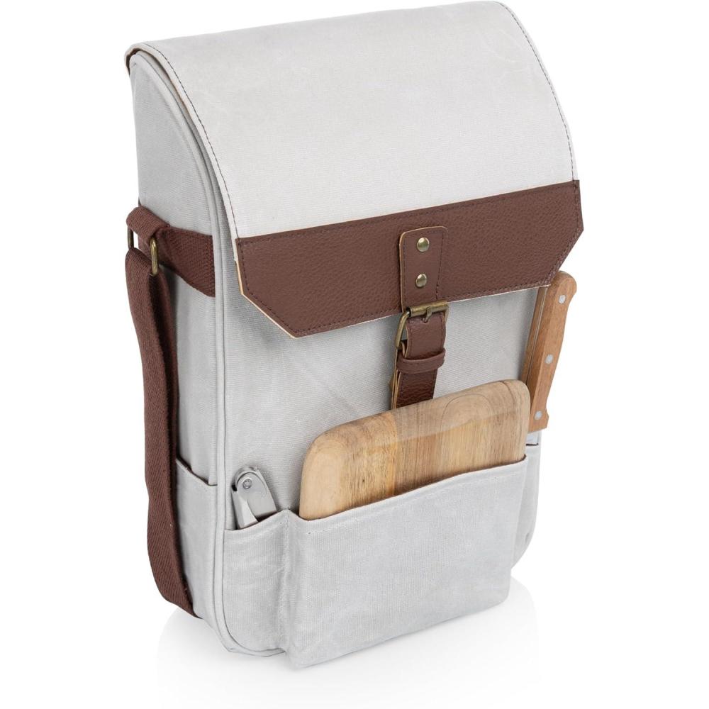 imagePICNIC TIME 2 Bottle Insulated Wine Bag with Cheese Board and Knife Set Wine Picnic Bag Distressed Waxed Canvas Wine Tote Khaki Green with Brown AccentsWhite