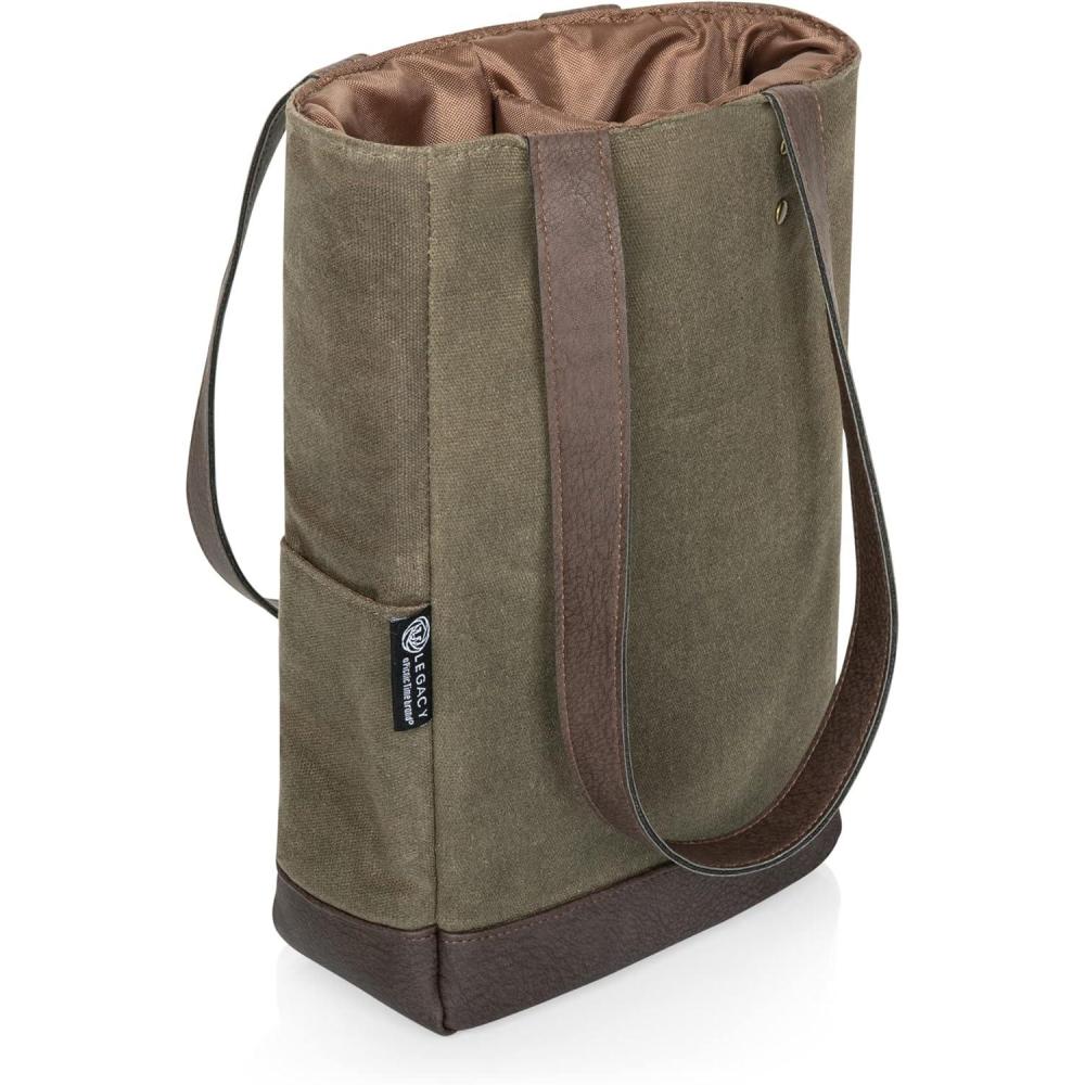 imagePICNIC TIME 2 and 3 Bottle Insulated Wine Bag Distressed Waxed Canvas Wine Tote Durable Bottle Carrier Bag for Gifts and Travel with Side Pockets ampamp Removable Divider Khaki Green with Brown Accents2 Bottle Insulated Wine Bag