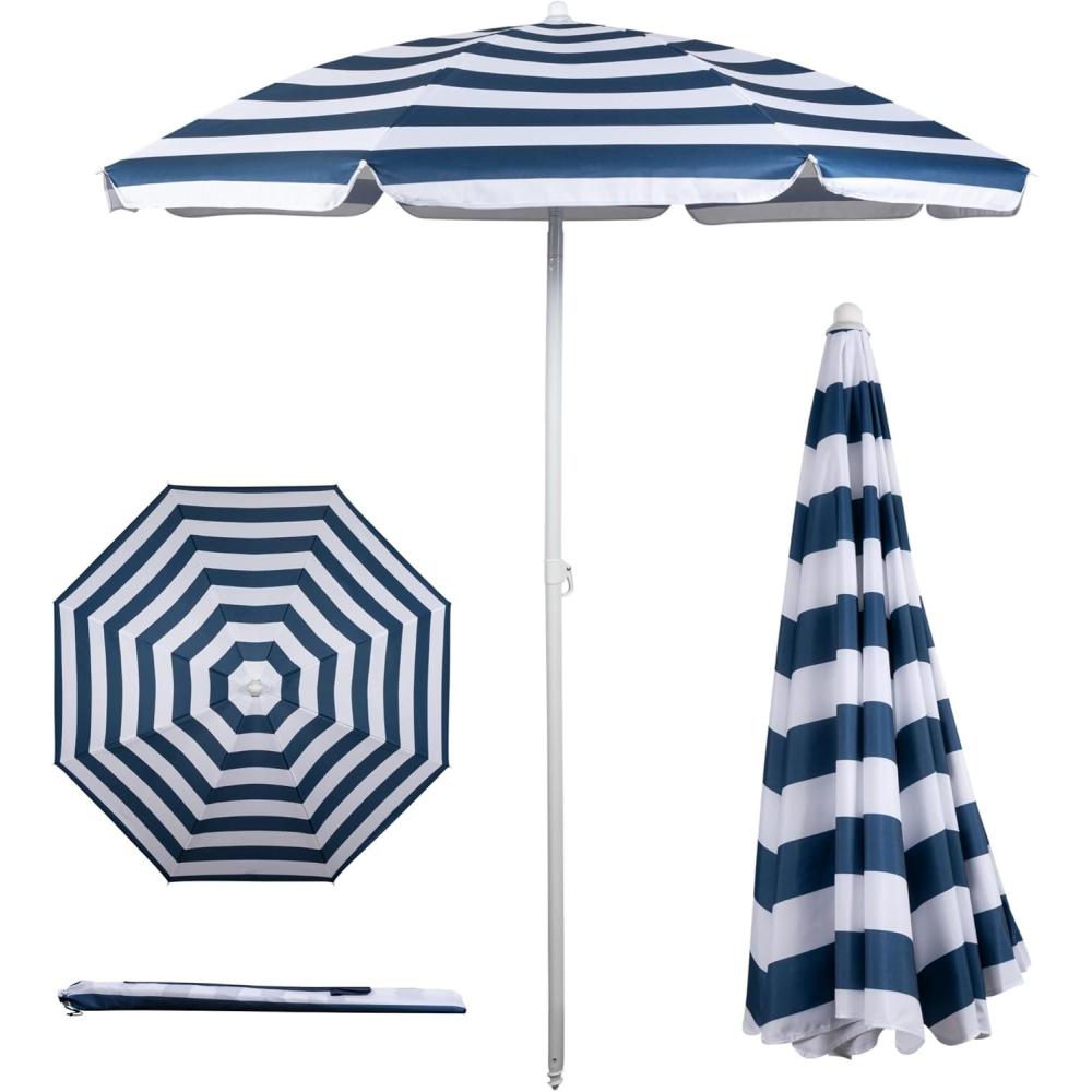 imagePICNIC TIME 55 Ft Portable Beach Umbrella Lightweight UV Protection Sunshade with Tilt Pole ampamp Carry Bag Outdoor Canopy Umbrella for Beach Sand Pool Patio Camping Travel or Backyard Shade Blue Pinstripe PatternBlue White Stripe