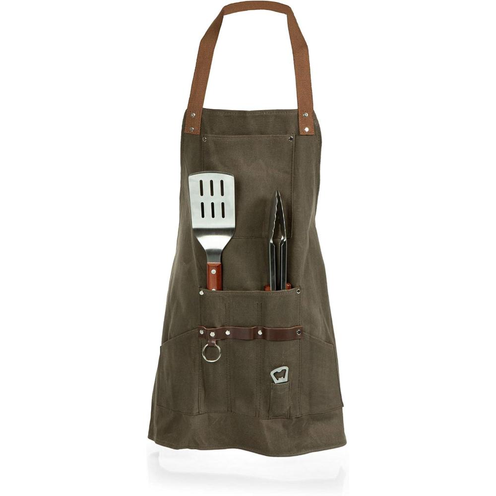 imagePICNIC TIME BBQ Apron with Tools ampamp Bottle Opener Distressed Waxed Canvas Apron for Grilling and Cooking with BBQ Spatula ampamp Tongs Numerous Pockets and Neck and Waist Straps Khaki Green