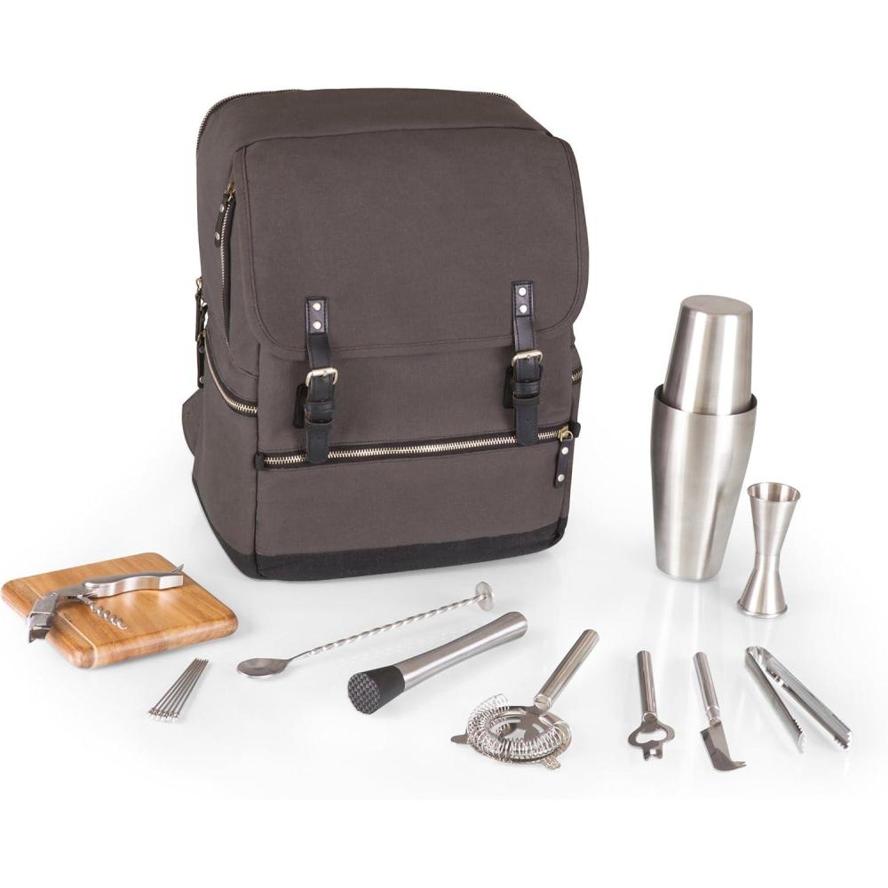imagePICNIC TIME Bar Backpack 16Piece Portable Cocktail Set Portable Bar Case with Cocktail Shaker Set Gray