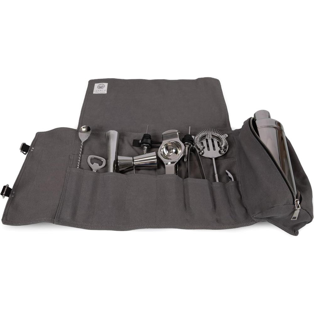 imagePICNIC TIME Barkeep Bar Tool Roll Up Kit Professional Bartender Set Travel Bar Set Gray with Black Accents