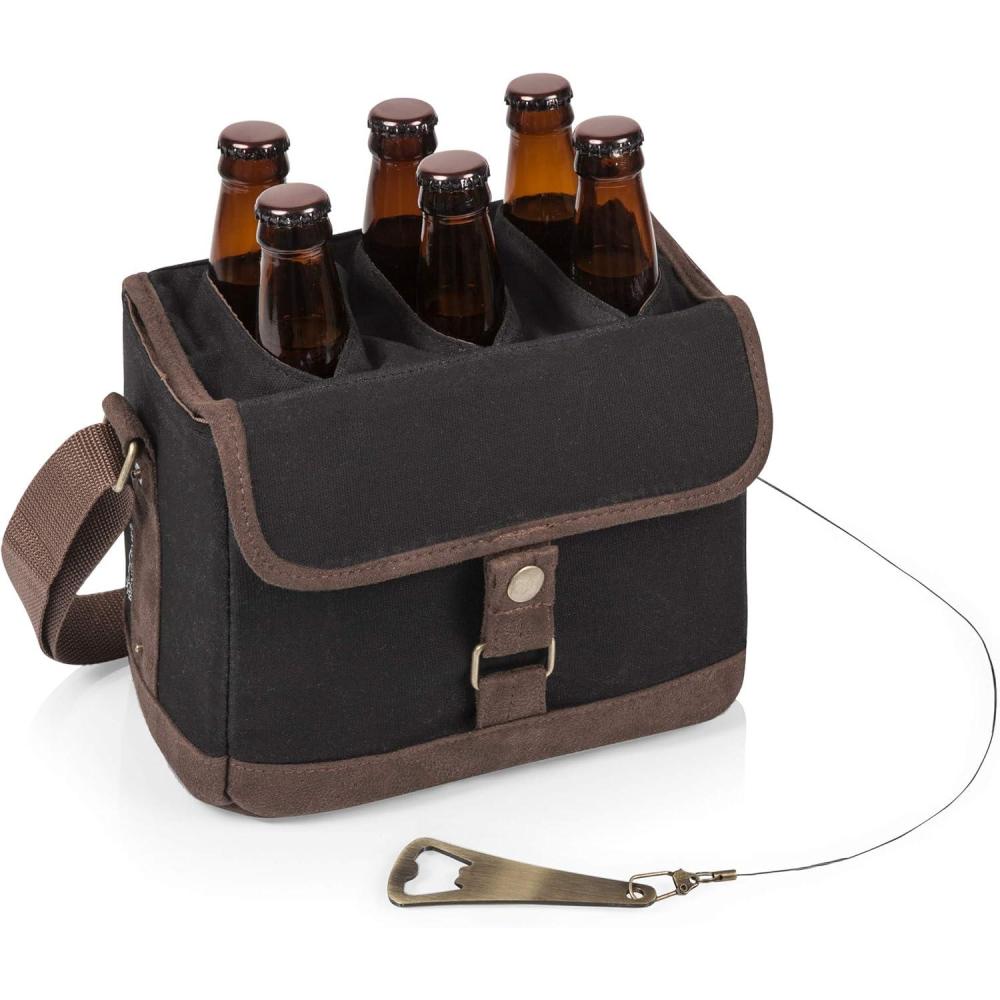 imagePICNIC TIME Beer Caddy with Beer Bottle Opener 6Pack Drink Caddy Beer Cooler Tote Beer Gifts for Men Black with Brown AccentsBlackBrown