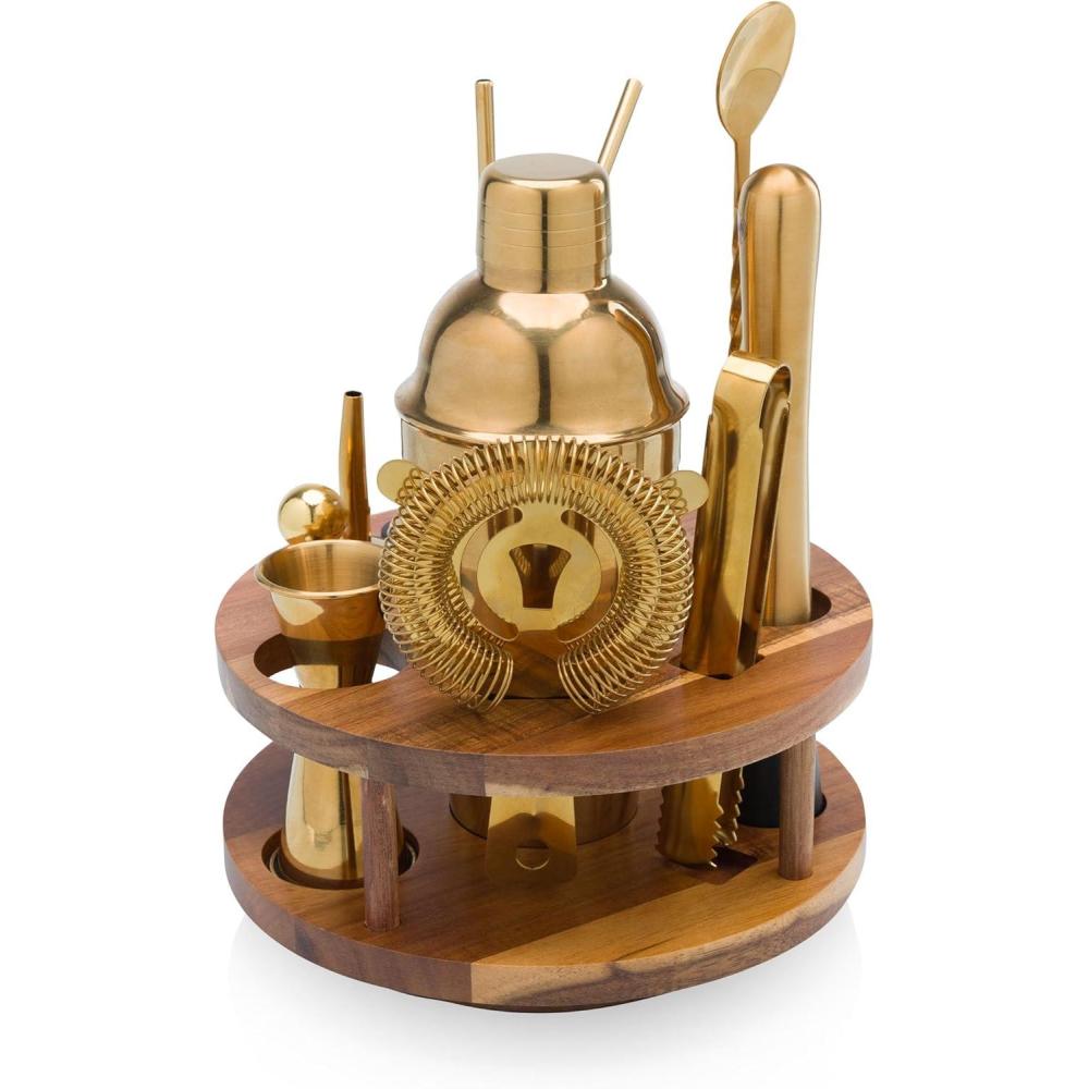 imagePICNIC TIME Carousel 13Piece Bar Tool Set Cocktail Shaker Set Mixology Bartender Kit with Lazy Susan Stand Acacia Wood and Gold