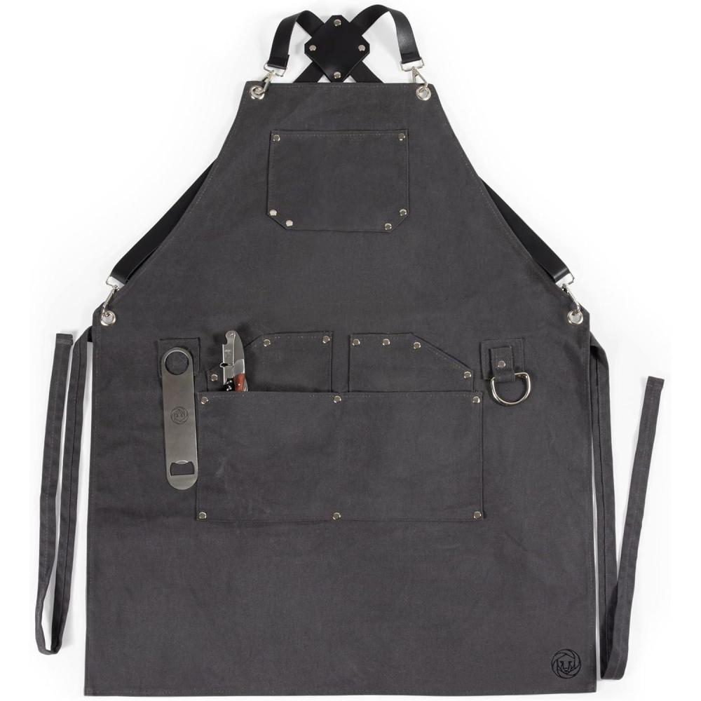 imagePICNIC TIME Collins Mixologist Apron Made in Black Waxed Canvas Vegan Leather with Corkscrew and Bottle Opener Features Numerous Pockets and Folds to EasytoCarry Tote Gray with Black Accents