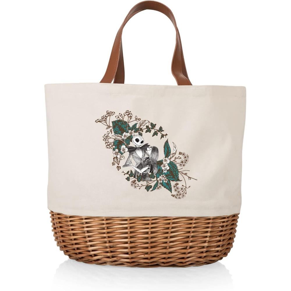 imagePICNIC TIME Coronado Canvas and Willow Basket Tote Picnic Tote Bag Beach ToteDisney Nightmare Before Christmas Jack Sally Beige Canvas