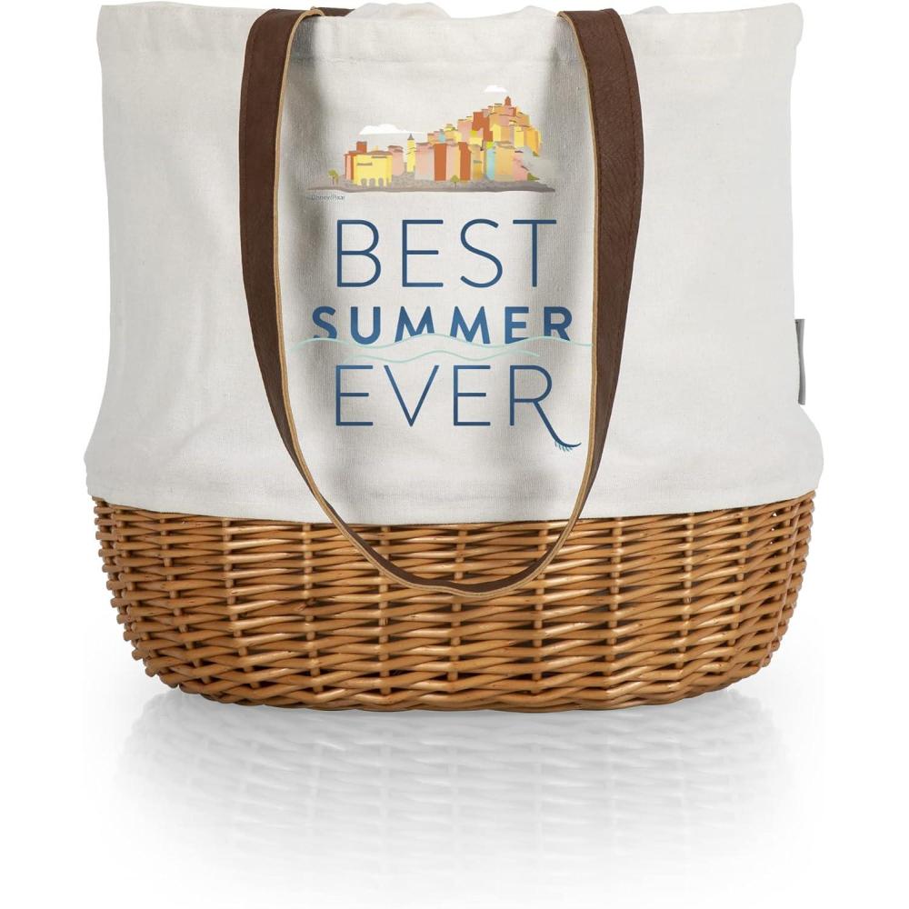 imagePICNIC TIME Coronado Canvas and Willow Basket Tote Picnic Tote Bag Beach ToteDisney Pixar Luca Beige Canvas