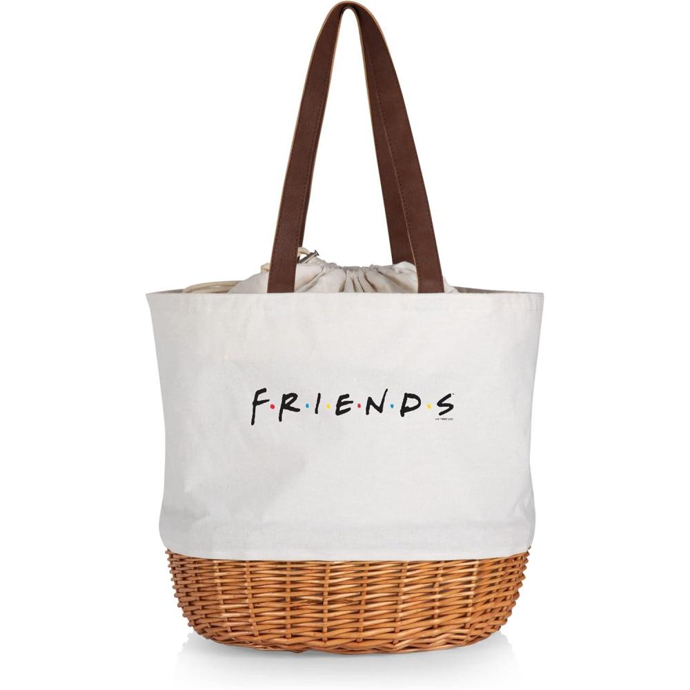 imagePICNIC TIME Coronado Canvas and Willow Basket Tote Picnic Tote Bag Beach ToteWarner Bro Friends Beige Canvas