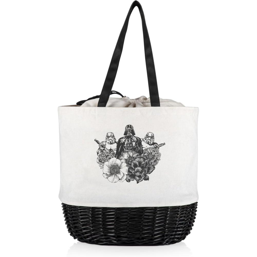 imagePICNIC TIME Coronado Canvas and Willow Basket Tote Picnic Tote Bag Beach ToteWhite Canvas With Black Accents