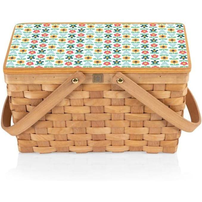 imagePICNIC TIME Disney Mickey Mouse Poppy Personal Picnic Basket Insulated Lunch Bag Retro Lunch Box BeigeDisney Mickey Mouse Flower Pattern