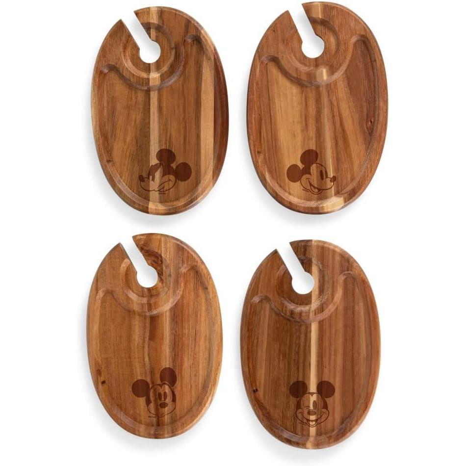 imagePICNIC TIME Disney Mickey Mouse Wine Appetizer Plate Set of 4 Cocktail Plate with Glass Holder Cheese Board with Wine Holder Acacia Wood 9 x 6Disney Mickey Mouse Acacia Wood