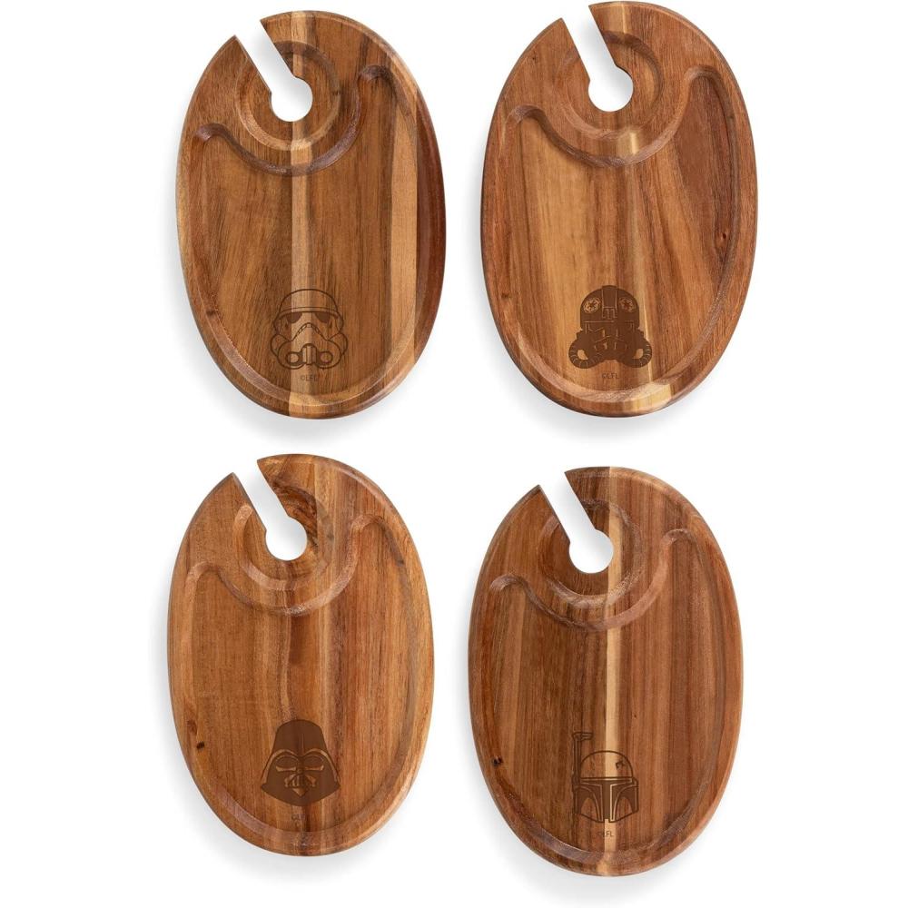 imagePICNIC TIME Disney Mickey Mouse Wine Appetizer Plate Set of 4 Cocktail Plate with Glass Holder Cheese Board with Wine Holder Acacia Wood 9 x 6Star Wars Dark Side Acacia Wood