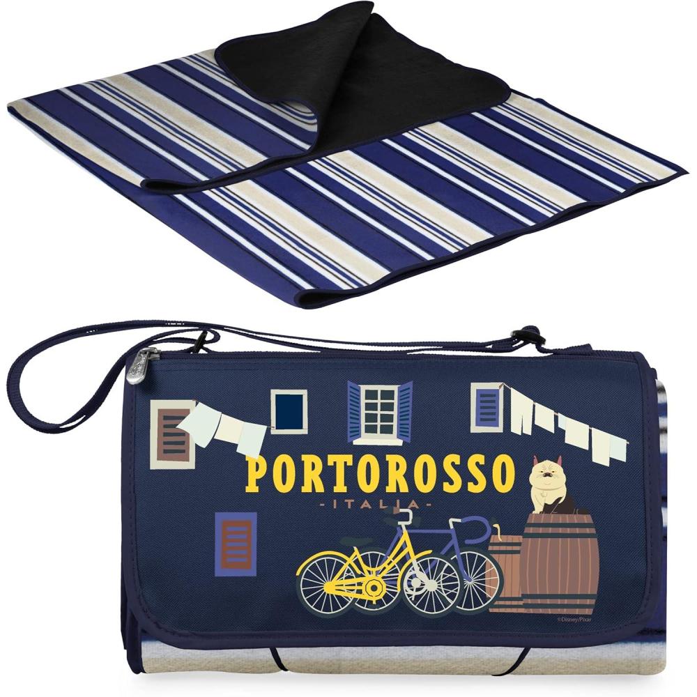 imagePICNIC TIME Disney Pixar Luca Blanket Tote Outdoor Picnic Blanket Beach Blanket Camping Blanket Blue Stripe Pattern with Navy Flap