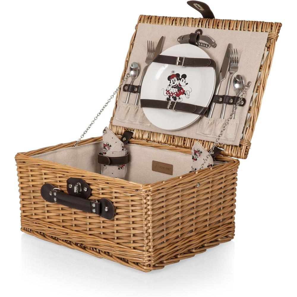 imagePICNIC TIME Disney Winnie the Pooh Classic Picnic Basket for 2 Romantic Picnic for 2 Wicker Picnic Set Beige CanvasDisney Micke Mouse and Minnie Mouse Beige