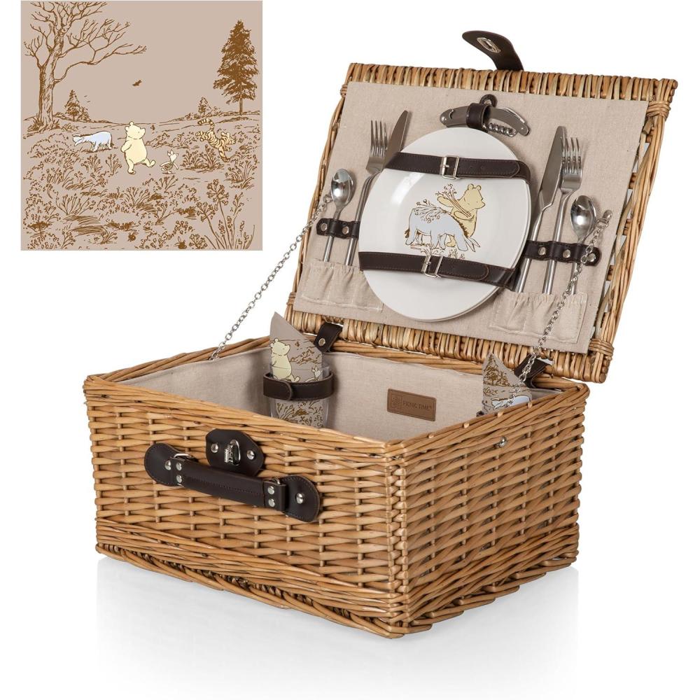 imagePICNIC TIME Disney Winnie the Pooh Classic Picnic Basket for 2 Romantic Picnic for 2 Wicker Picnic Set Beige CanvasDisney Winnie the Pooh Beige