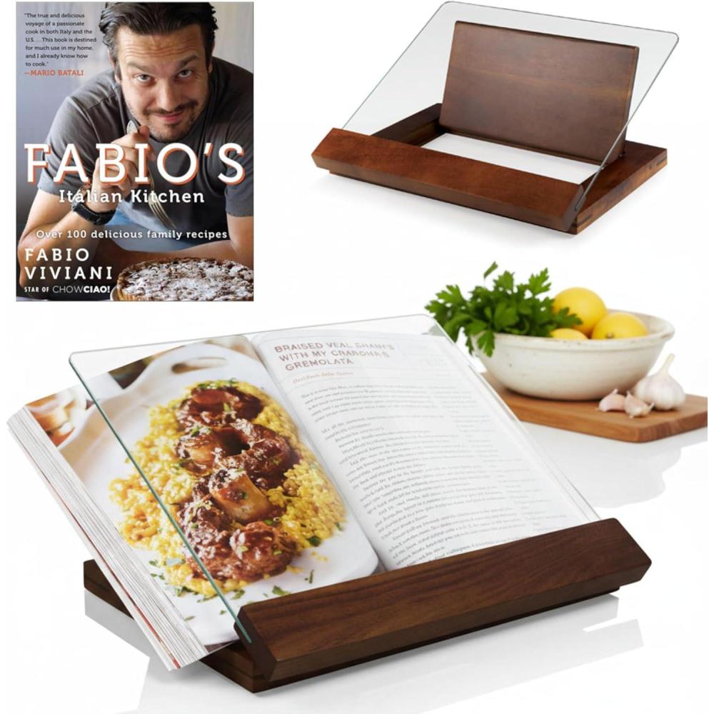 imagePICNIC TIME Fabio Viviani Prodigio Cookbook Stand with Tempered Glass Recipe Stand Kitchen Cookbook Holder Acacia WoodFabio Viviani Bookstand Signed Cookbook