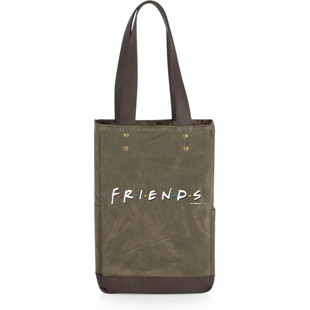 imagePICNIC TIME Friends 2 Bottle Insulated Wine Bag Distressed Waxed Canvas Wine Tote Bag Wine Gift Bag Khaki Green with Beige Accents