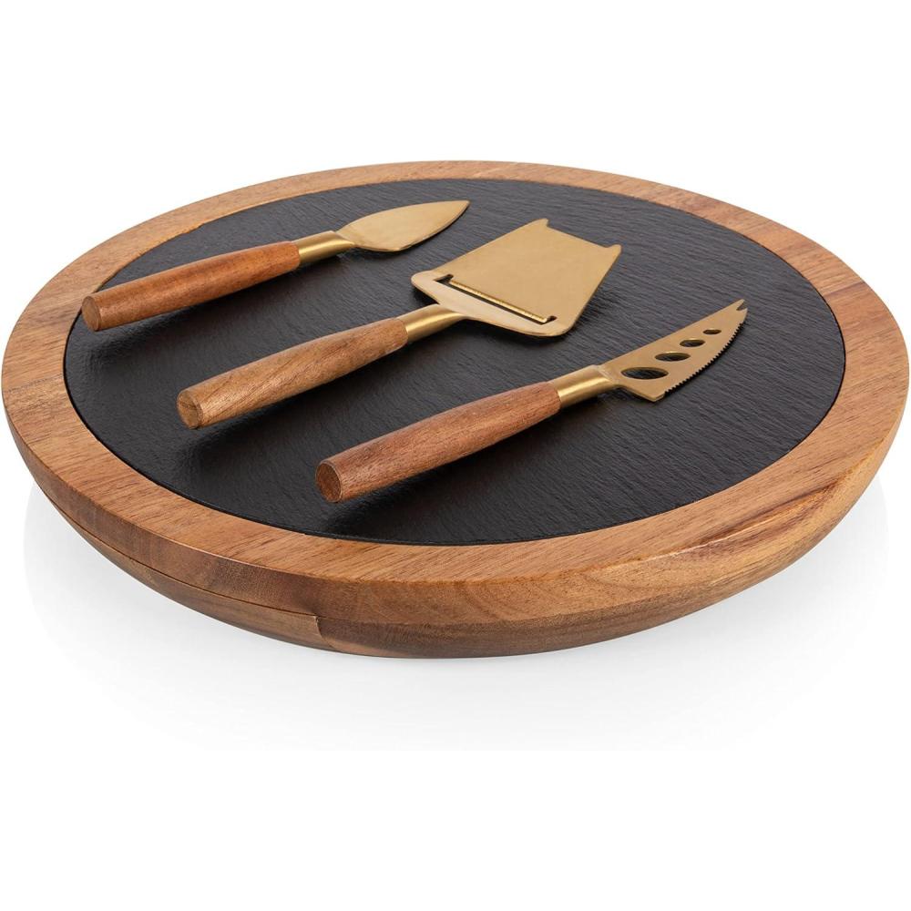 imagePICNIC TIME Insignia Slate Serving Board with Cheese Tools Charcuterie and Wood Cutting Set Acacia Wood ampamp Slate Black with Gold Accents Large
