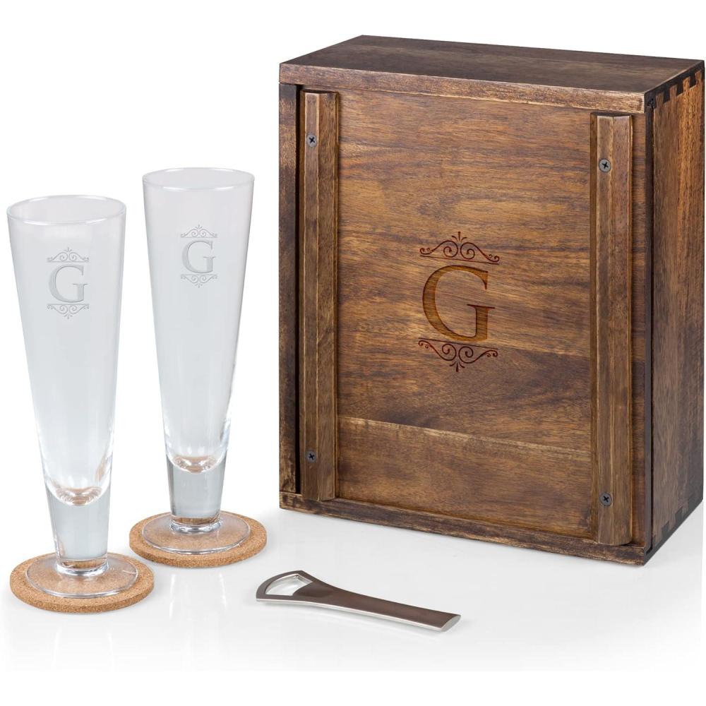 imagePICNIC TIME LEGACY Monogram Initials U Pilsner Craft Beer Set with 2 Beer Glasses Personalized Gift For Beer Lovers Acacia WoodG