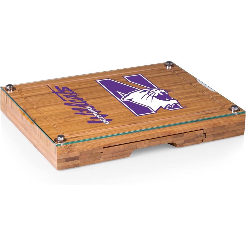 imagePICNIC TIME NCAA Concerto Glass Top Cheese Board and Knife Set Charcuterie Board Set Glass Top Cutting Board BambooNorthwestern Wildcats