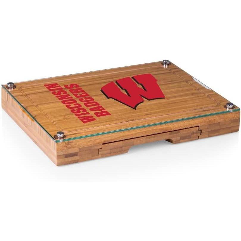 imagePICNIC TIME NCAA Concerto Glass Top Cheese Board and Knife Set Charcuterie Board Set Glass Top Cutting Board BambooWisconsin Badgers