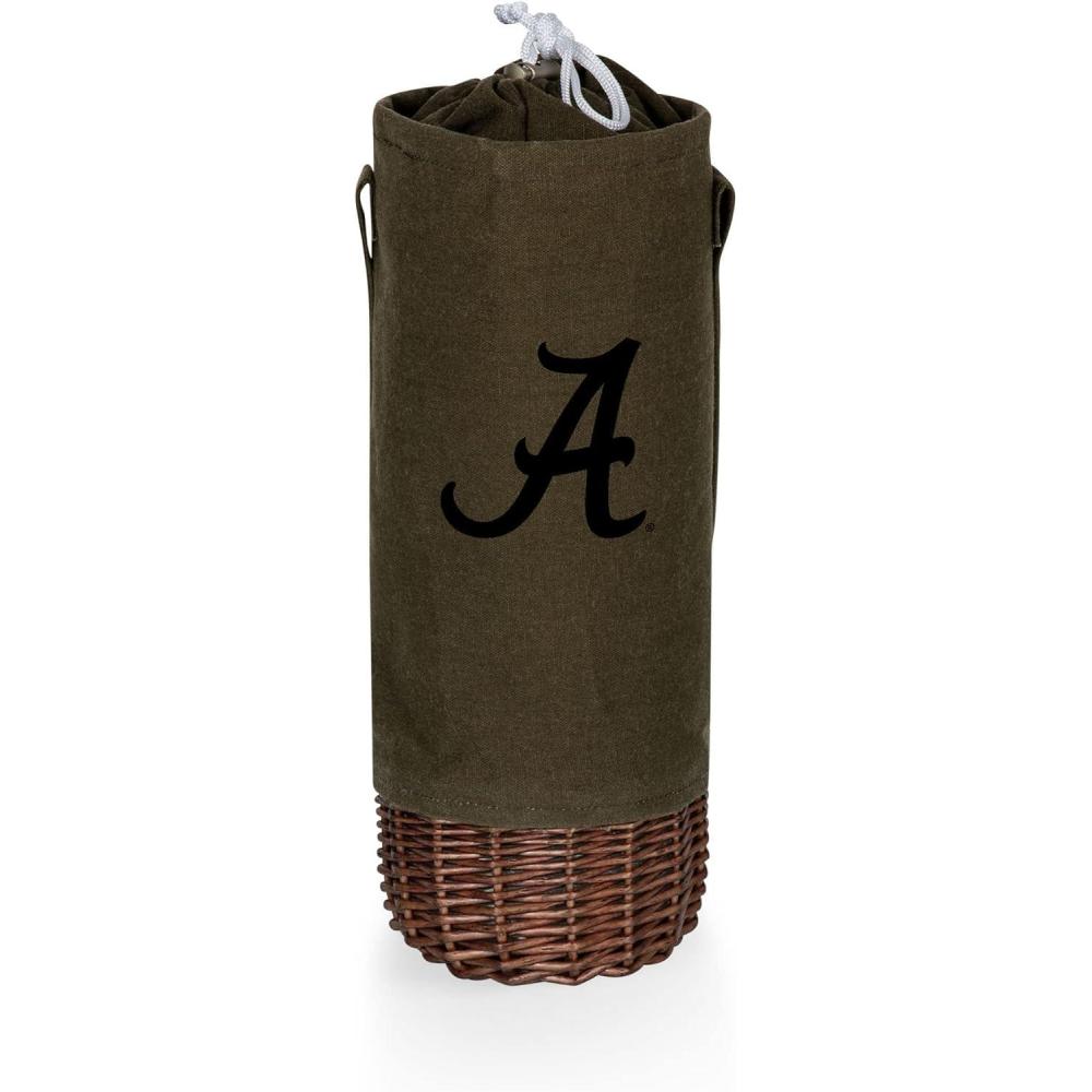 imagePICNIC TIME NCAA Malbec Insulated Canvas and Willow Wine Bottle Basket Wine Tote Wine Gift Bag Khaki Green with Beige AccentsAlabama Crimson Tide