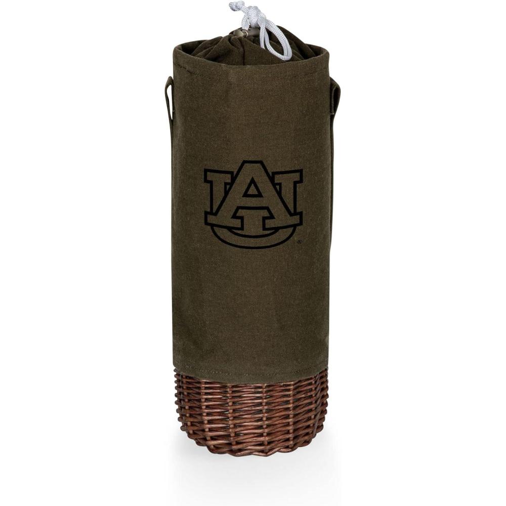 imagePICNIC TIME NCAA Malbec Insulated Canvas and Willow Wine Bottle Basket Wine Tote Wine Gift Bag Khaki Green with Beige AccentsAuburn Tigers