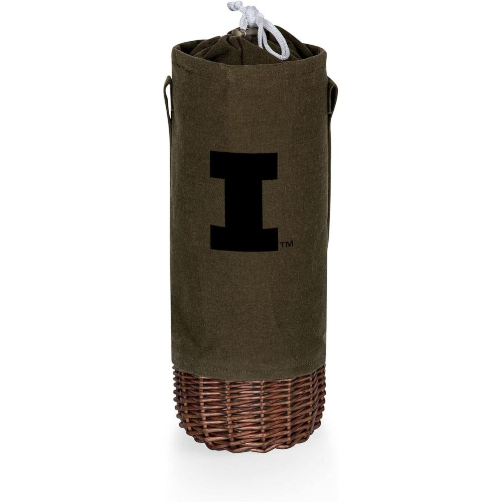 imagePICNIC TIME NCAA Malbec Insulated Canvas and Willow Wine Bottle Basket Wine Tote Wine Gift Bag Khaki Green with Beige AccentsIllinois Fighting Illini