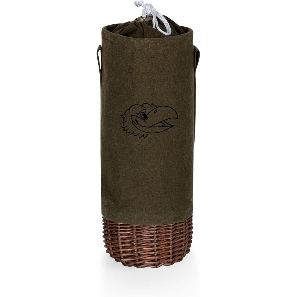 imagePICNIC TIME NCAA Malbec Insulated Canvas and Willow Wine Bottle Basket Wine Tote Wine Gift Bag Khaki Green with Beige AccentsKansas Jayhawks