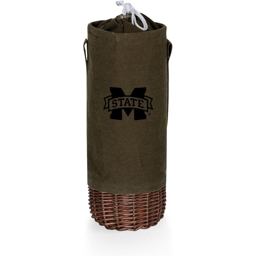 imagePICNIC TIME NCAA Malbec Insulated Canvas and Willow Wine Bottle Basket Wine Tote Wine Gift Bag Khaki Green with Beige AccentsMississippi State Bulldogs