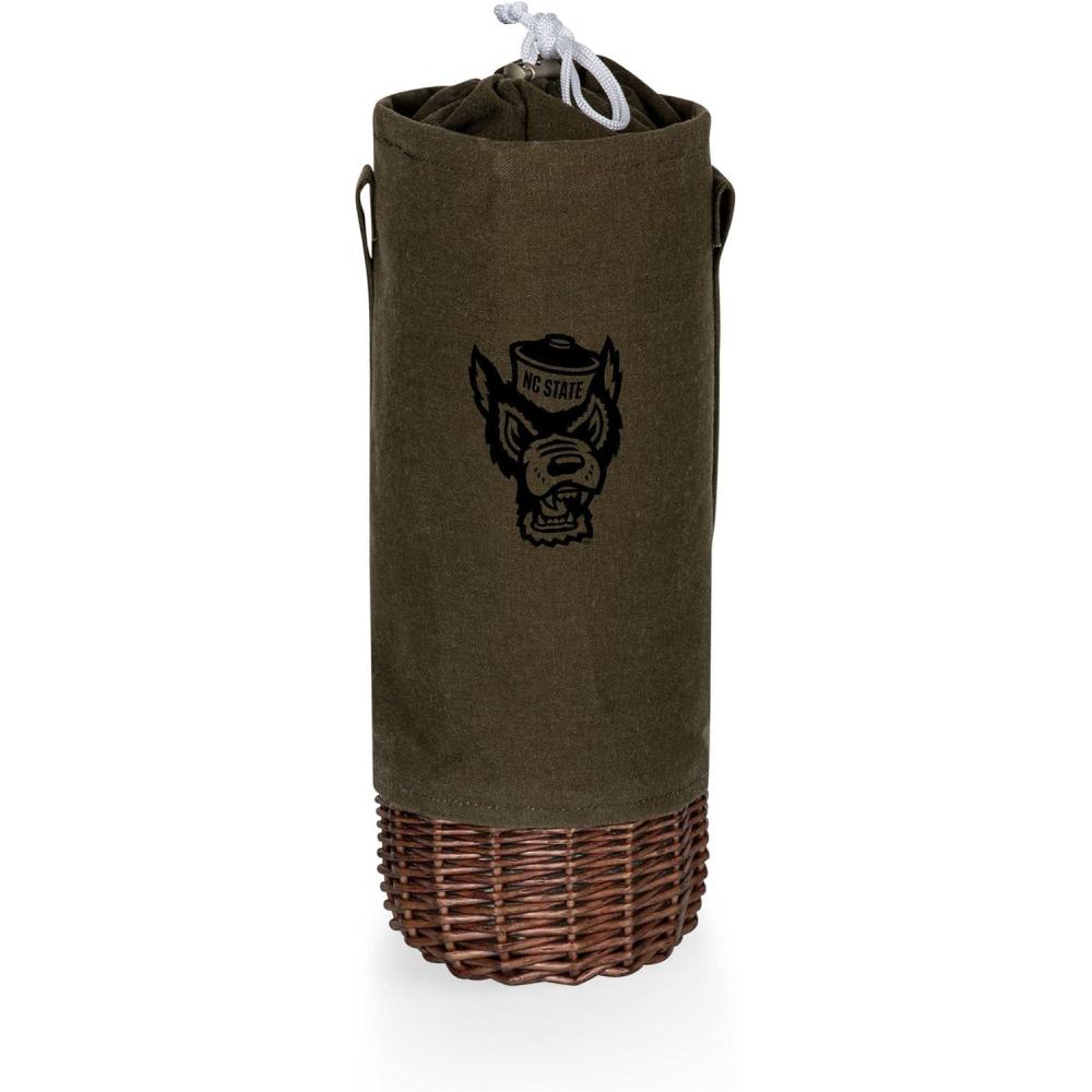 imagePICNIC TIME NCAA Malbec Insulated Canvas and Willow Wine Bottle Basket Wine Tote Wine Gift Bag Khaki Green with Beige AccentsNC State Wolfpack
