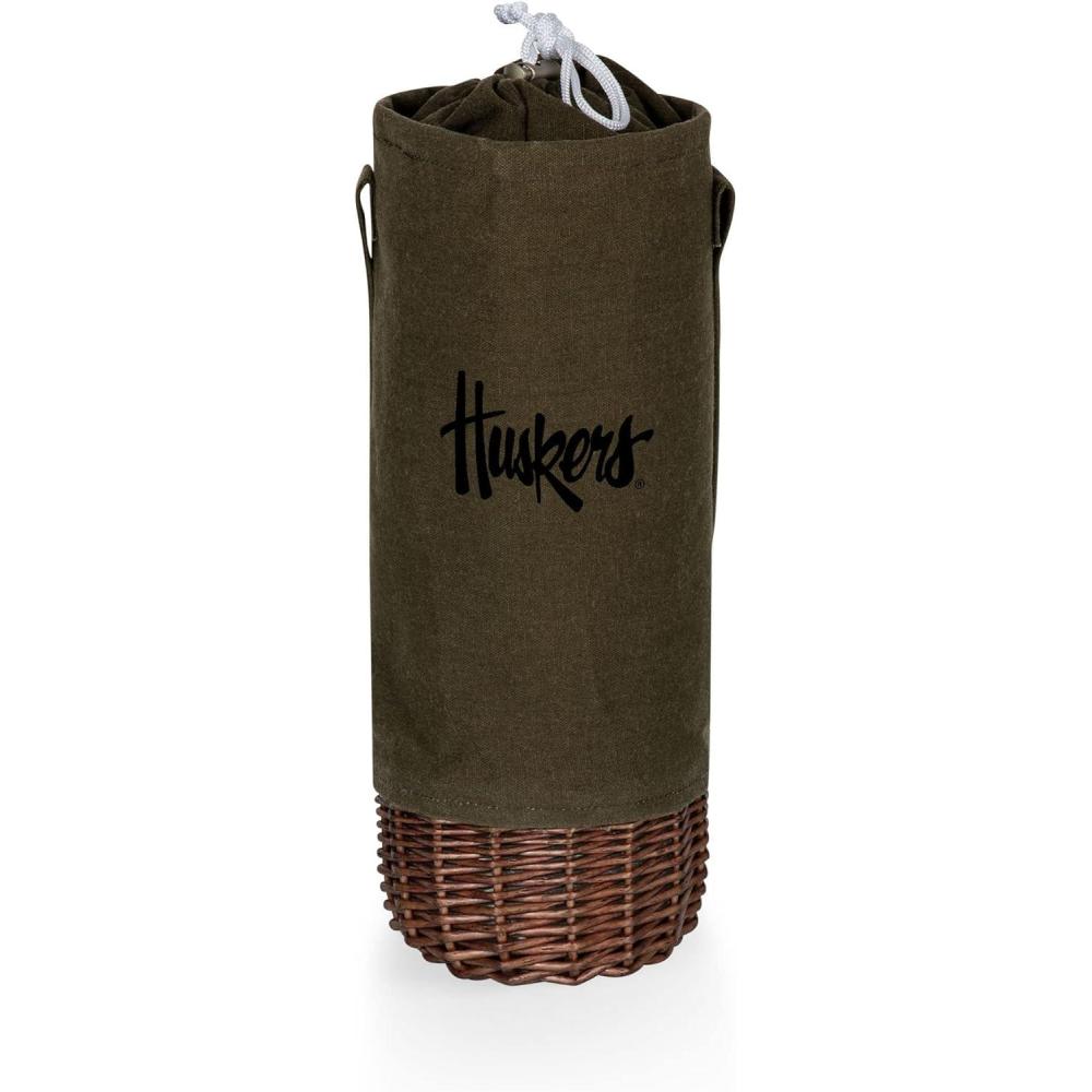 imagePICNIC TIME NCAA Malbec Insulated Canvas and Willow Wine Bottle Basket Wine Tote Wine Gift Bag Khaki Green with Beige AccentsNebraska Cornhuskers