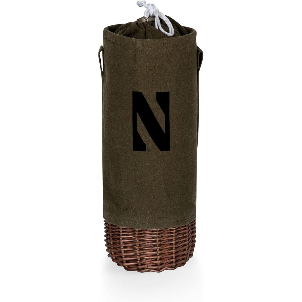 imagePICNIC TIME NCAA Malbec Insulated Canvas and Willow Wine Bottle Basket Wine Tote Wine Gift Bag Khaki Green with Beige AccentsNorthwestern Wildcats