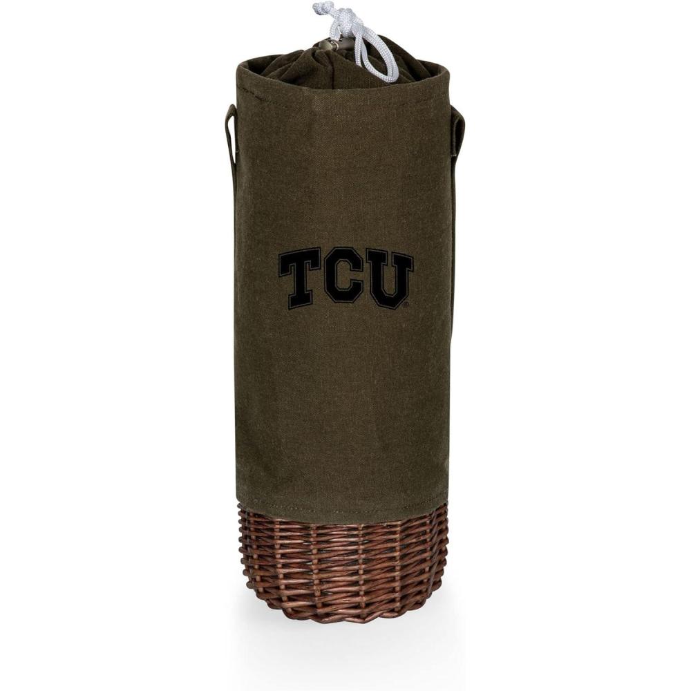 imagePICNIC TIME NCAA Malbec Insulated Canvas and Willow Wine Bottle Basket Wine Tote Wine Gift Bag Khaki Green with Beige AccentsTCU Horned Frogs