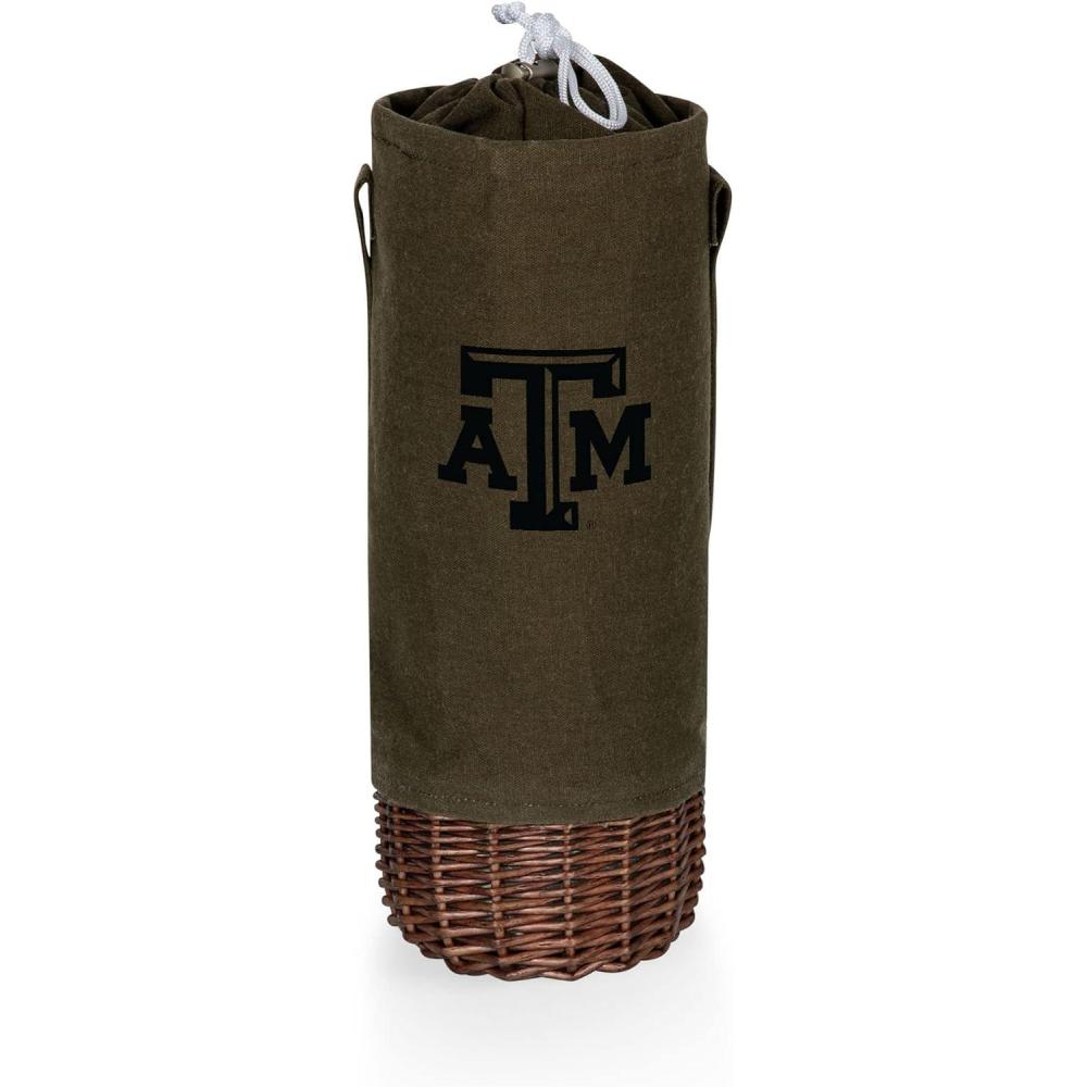 imagePICNIC TIME NCAA Malbec Insulated Canvas and Willow Wine Bottle Basket Wine Tote Wine Gift Bag Khaki Green with Beige AccentsTexas AM Aggies