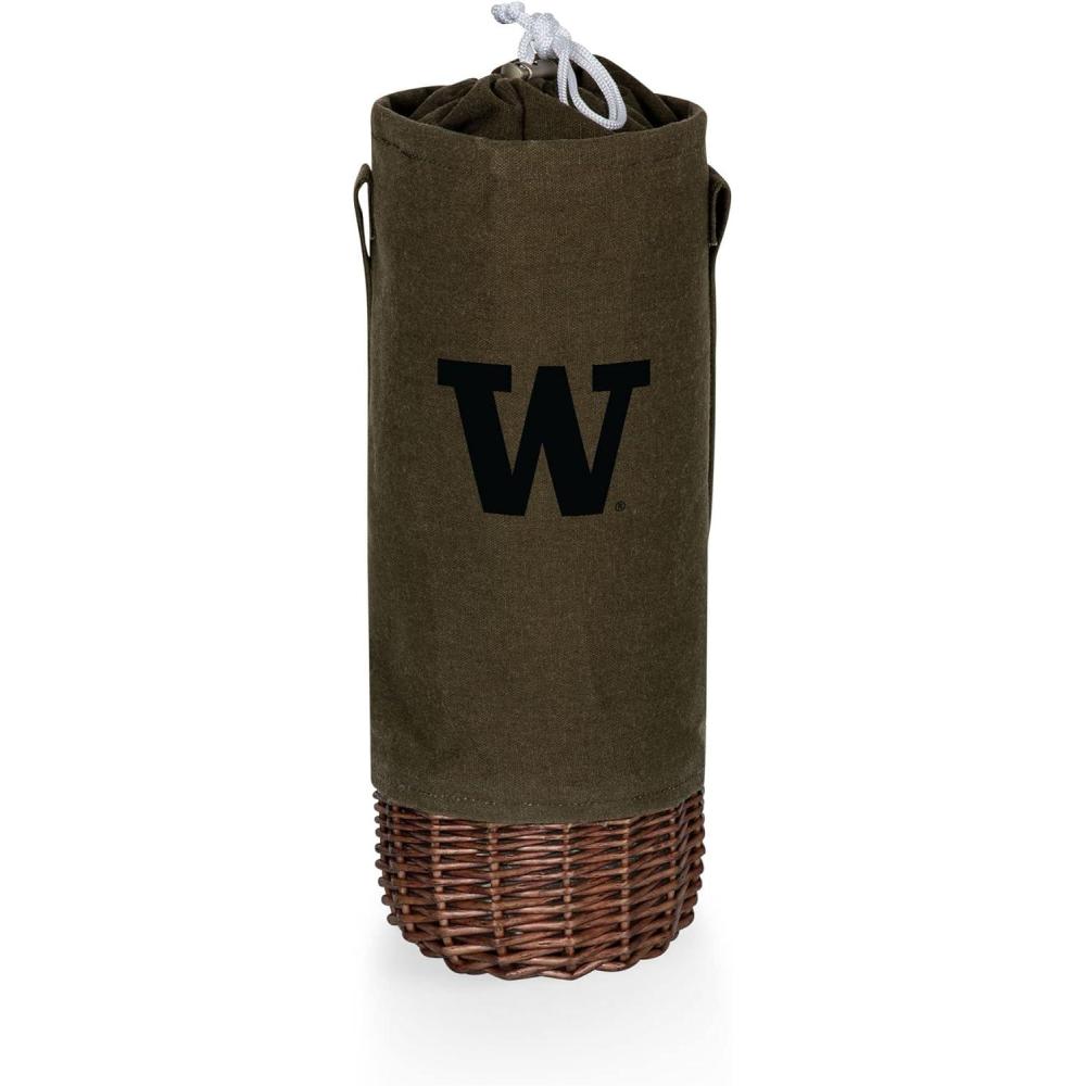 imagePICNIC TIME NCAA Malbec Insulated Canvas and Willow Wine Bottle Basket Wine Tote Wine Gift Bag Khaki Green with Beige AccentsWashington Huskies