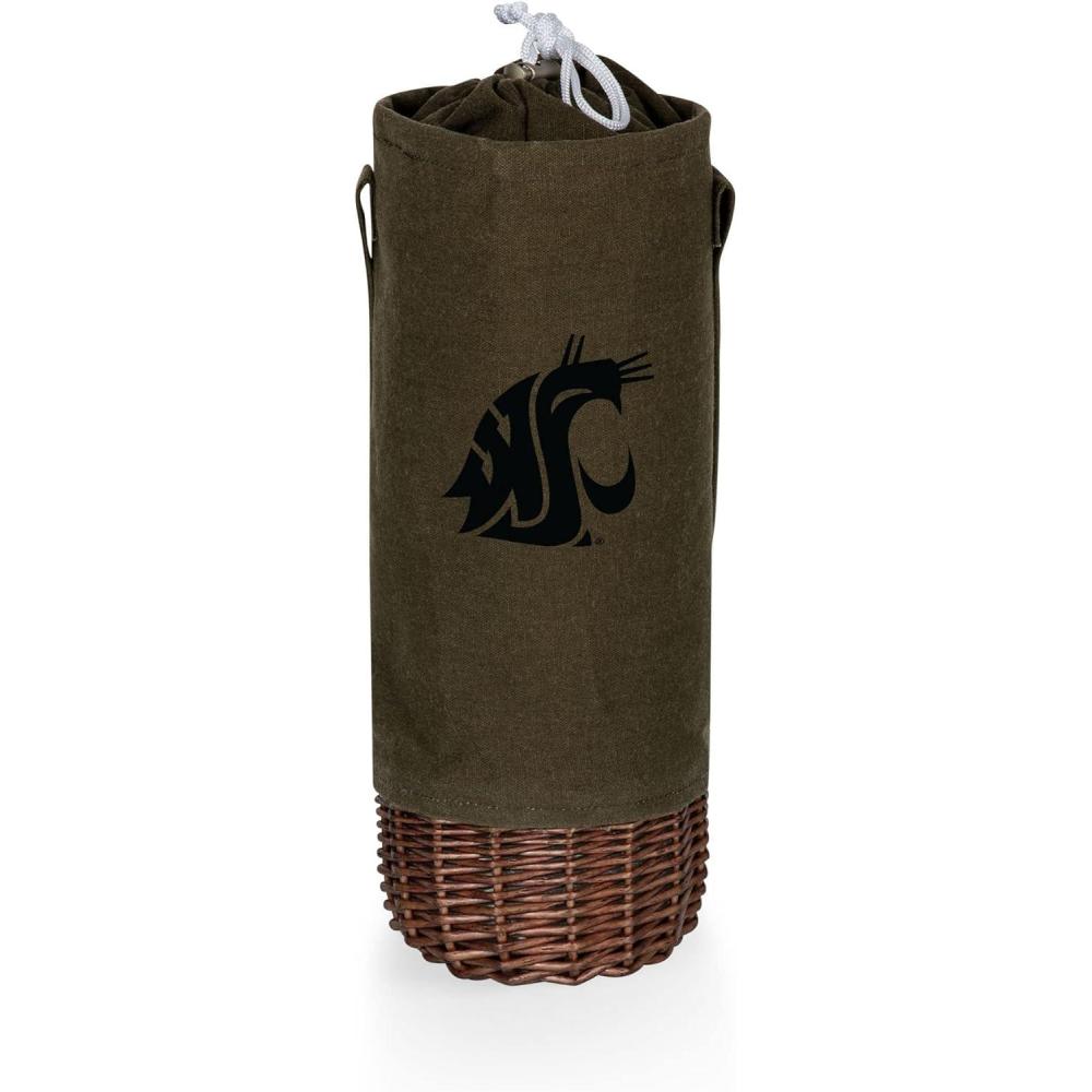 imagePICNIC TIME NCAA Malbec Insulated Canvas and Willow Wine Bottle Basket Wine Tote Wine Gift Bag Khaki Green with Beige AccentsWashington State Cougars