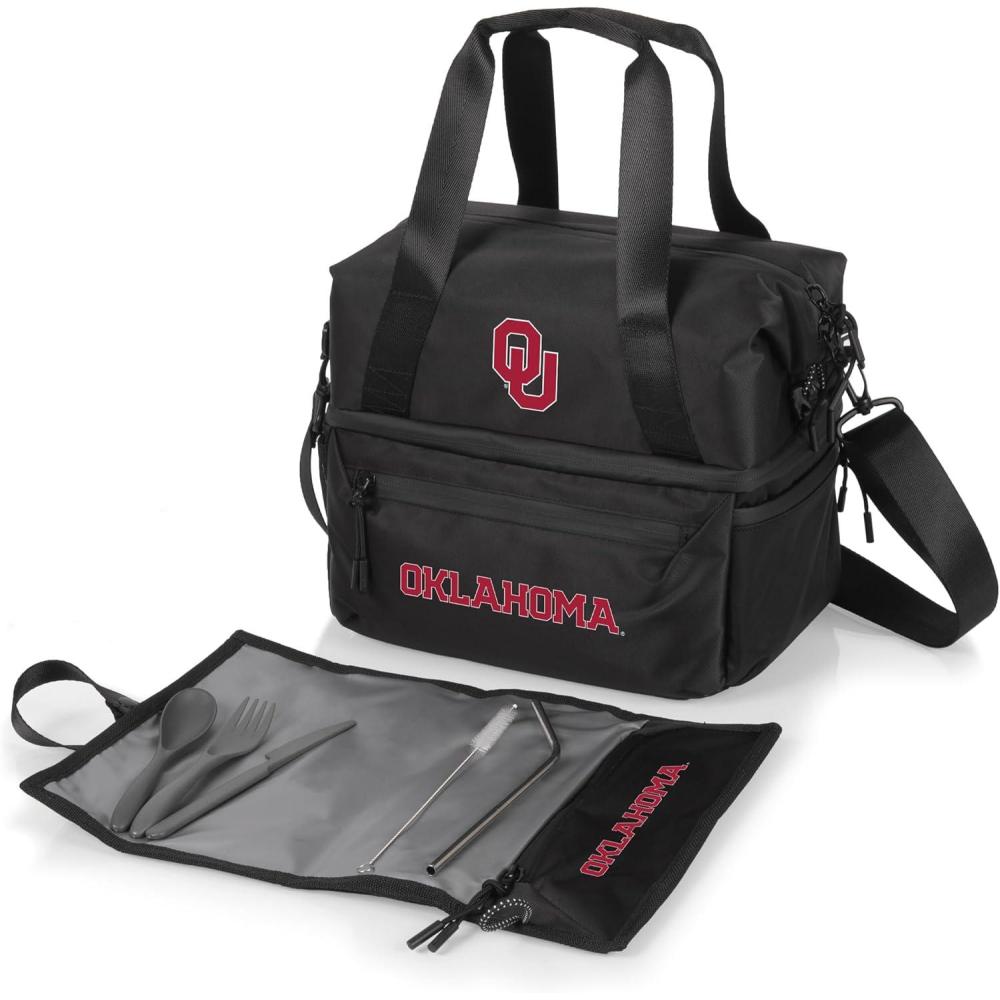 imagePICNIC TIME NCAA Oklahoma Sooners Tarana Lunch Bag Cooler with Utensils Made from Recycled Material Lunch Box with Picnic Set Upcycled Lunch Cooler Bag Carbon BlackOklahoma Sooners