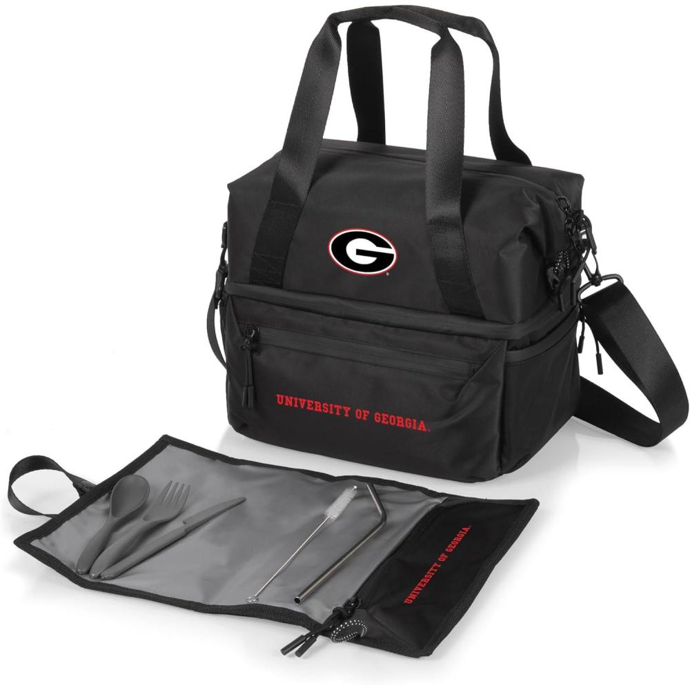 imagePICNIC TIME NCAA Oklahoma Sooners Tarana Lunch Bag Cooler with Utensils Made from Recycled Material Lunch Box with Picnic Set Upcycled Lunch Cooler Bag Carbon BlackGeorgia Bulldogs