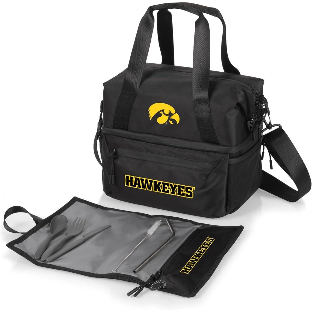 imagePICNIC TIME NCAA Oklahoma Sooners Tarana Lunch Bag Cooler with Utensils Made from Recycled Material Lunch Box with Picnic Set Upcycled Lunch Cooler Bag Carbon BlackIowa Hawkeyes