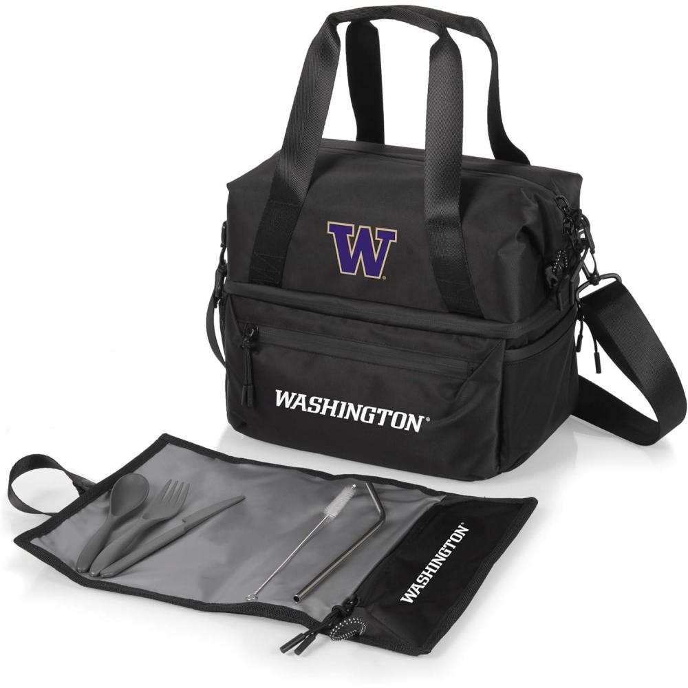 imagePICNIC TIME NCAA Oklahoma Sooners Tarana Lunch Bag Cooler with Utensils Made from Recycled Material Lunch Box with Picnic Set Upcycled Lunch Cooler Bag Carbon BlackWashington Huskies