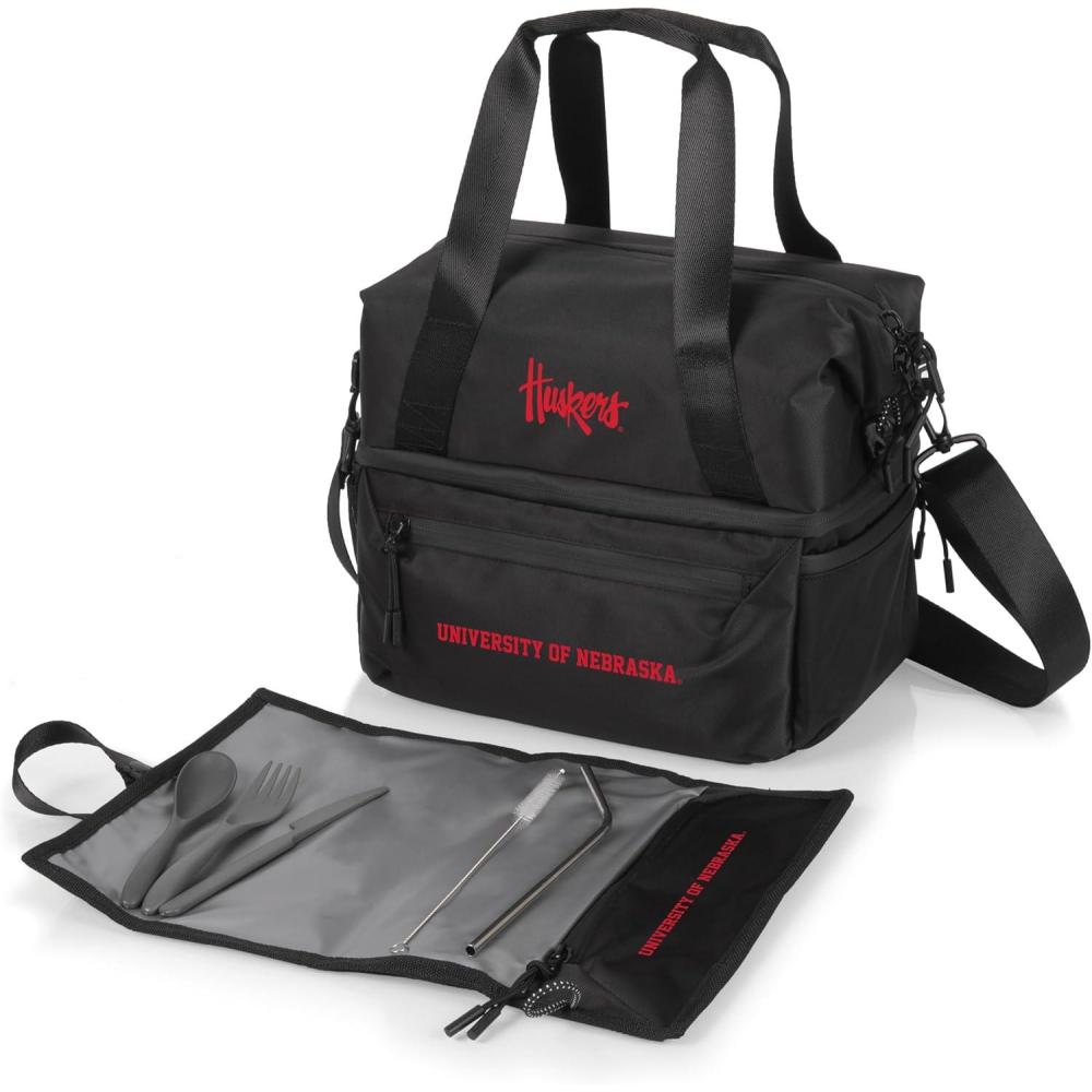 imagePICNIC TIME NCAA Oklahoma Sooners Tarana Lunch Bag Cooler with Utensils Made from Recycled Material Lunch Box with Picnic Set Upcycled Lunch Cooler Bag Carbon BlackNebraska Cornhuskers