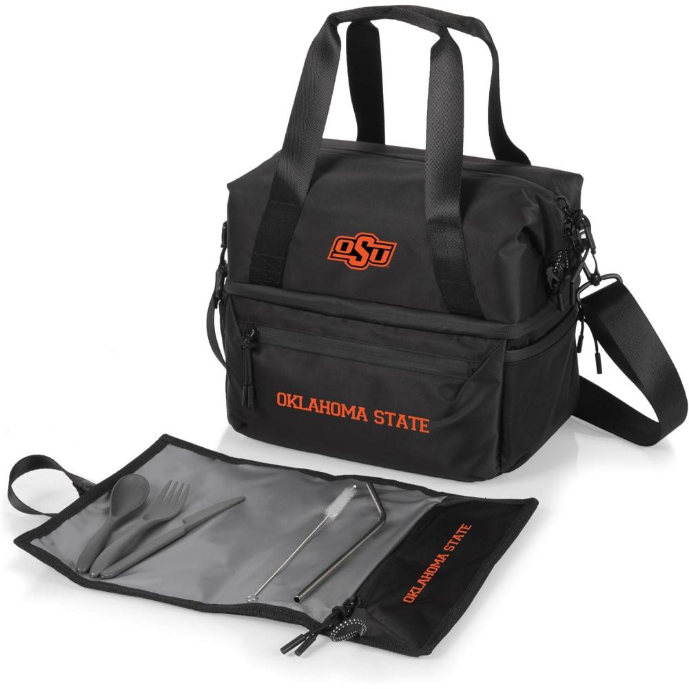 imagePICNIC TIME NCAA Oklahoma Sooners Tarana Lunch Bag Cooler with Utensils Made from Recycled Material Lunch Box with Picnic Set Upcycled Lunch Cooler Bag Carbon BlackOklahoma State Cowboys