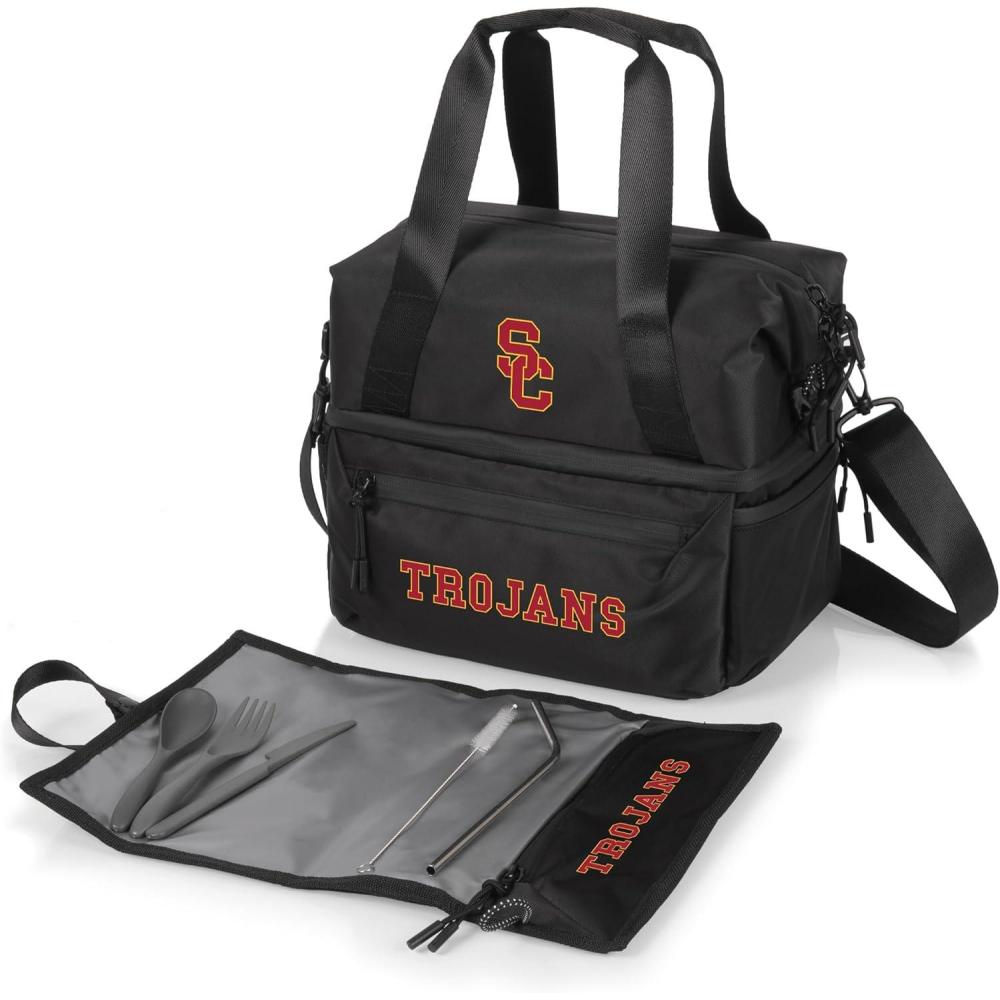 imagePICNIC TIME NCAA Oklahoma Sooners Tarana Lunch Bag Cooler with Utensils Made from Recycled Material Lunch Box with Picnic Set Upcycled Lunch Cooler Bag Carbon BlackUSC Trojans