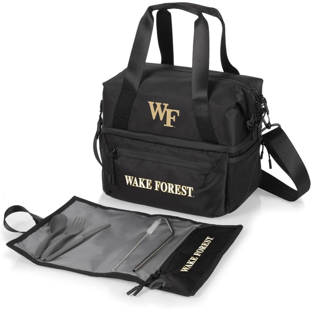 imagePICNIC TIME NCAA Oklahoma Sooners Tarana Lunch Bag Cooler with Utensils Made from Recycled Material Lunch Box with Picnic Set Upcycled Lunch Cooler Bag Carbon BlackWake Forest Demon Deacons