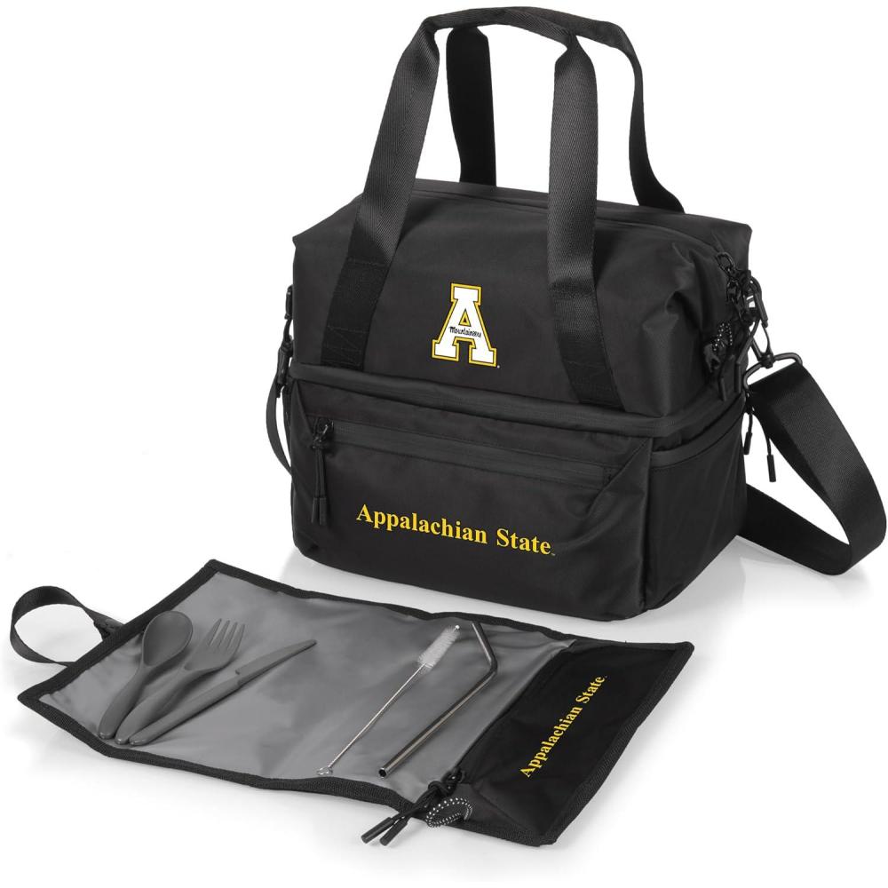 imagePICNIC TIME NCAA Oklahoma Sooners Tarana Lunch Bag Cooler with Utensils Made from Recycled Material Lunch Box with Picnic Set Upcycled Lunch Cooler Bag Carbon BlackApp State Mountaineers