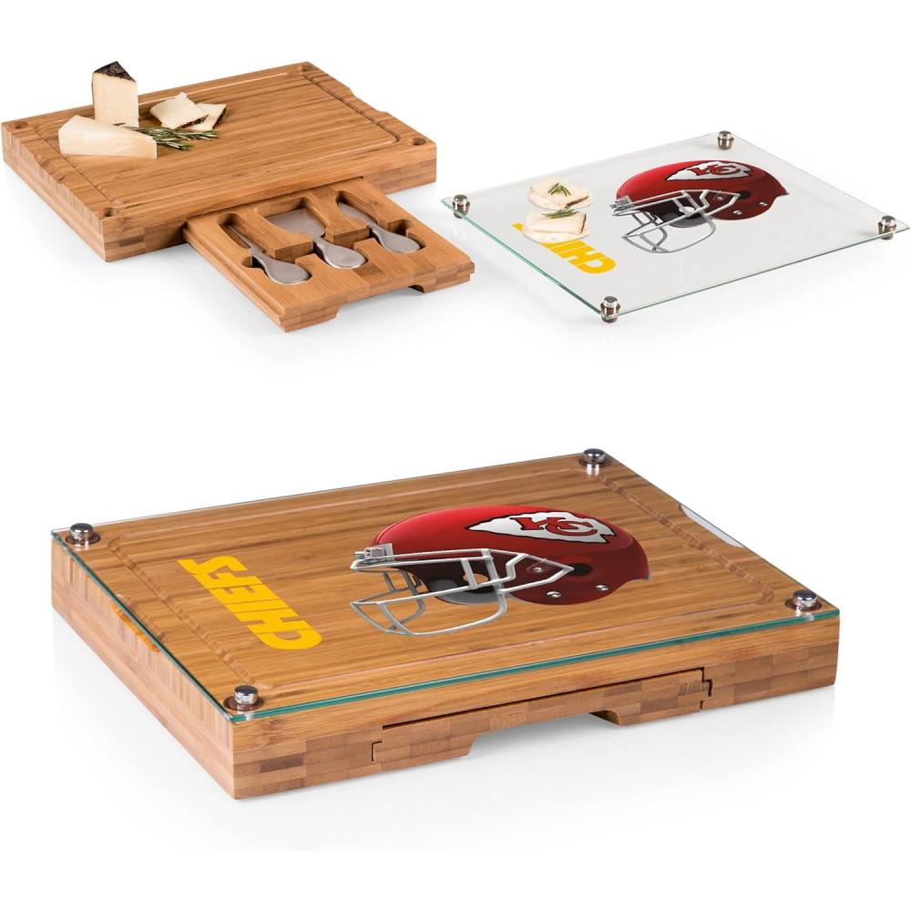 imagePICNIC TIME NFL Concerto Glass Top Cheese Board and Knife Set  Charcuterie Board Set  Glass Top Cutting Board BambooKansas City Chiefs