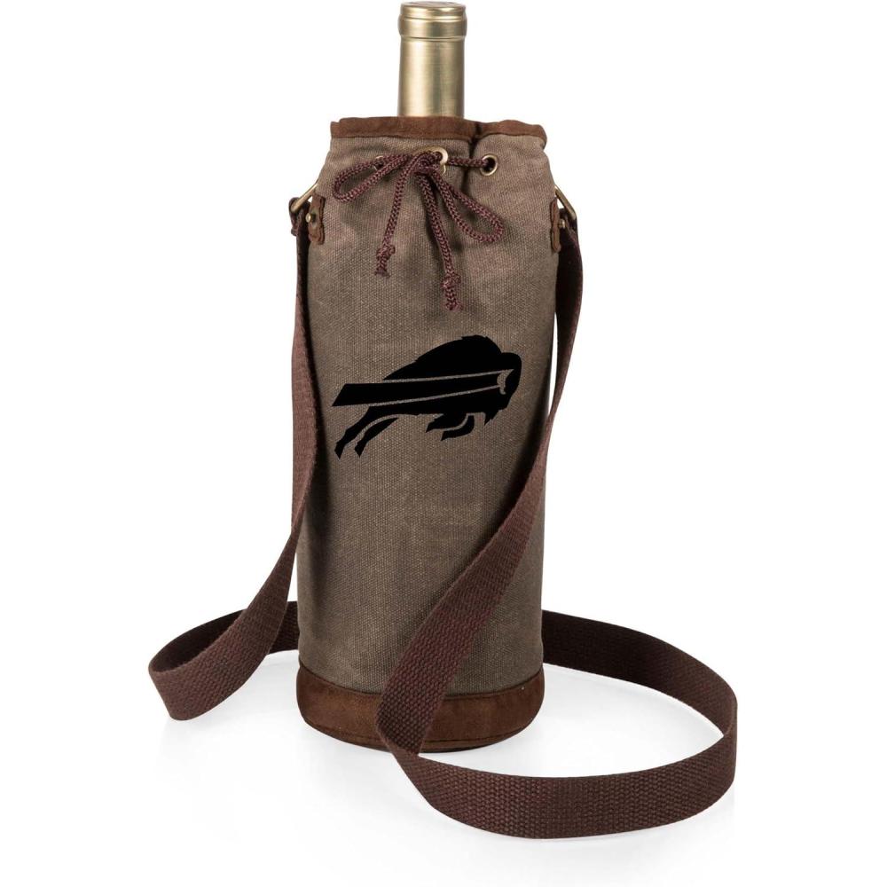 imagePICNIC TIME NFL Distressed Waxed Canvas Wine Tote Single Bottle Insulated Bag Bottle Carrier Wine Gift Bag Khaki GreenBuffalo Bills