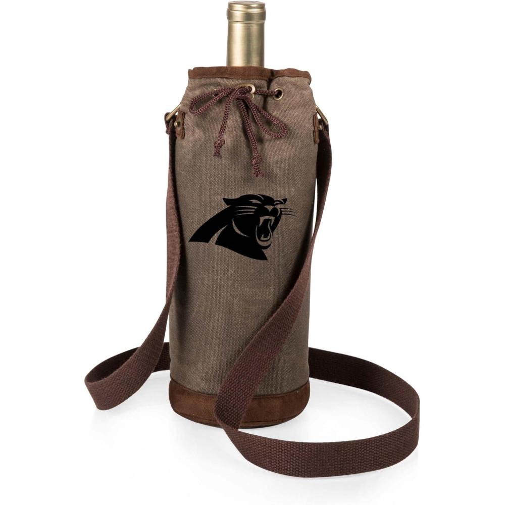 imagePICNIC TIME NFL Distressed Waxed Canvas Wine Tote Single Bottle Insulated Bag Bottle Carrier Wine Gift Bag Khaki GreenCarolina Panthers